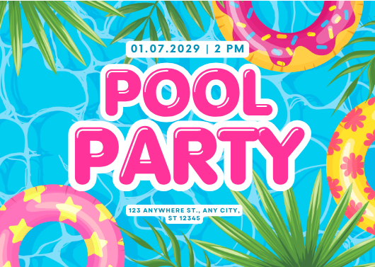 Blue and Pink Playful Pool Party Invitation Template