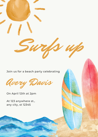 Editable Surf's Up Beach Birthday Party Invitation Template