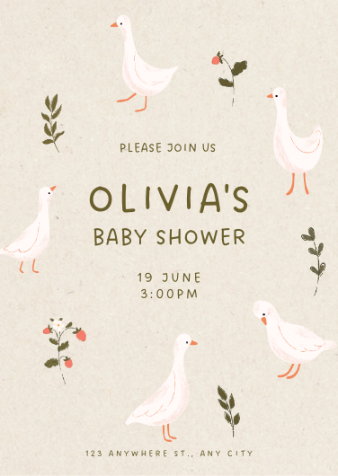 Duck and Strawberry Theme Watercolor Baby Shower Invitation