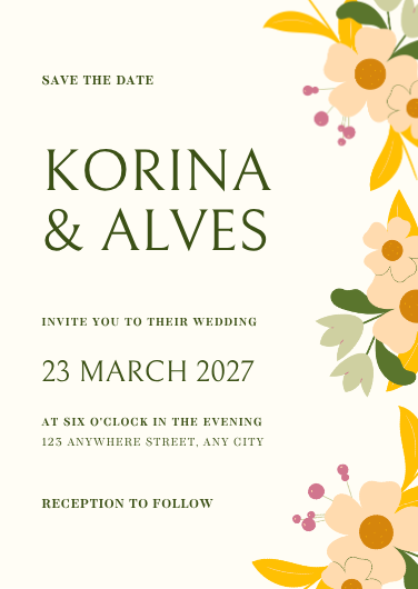 Minimalist Floral Wedding Invitation Template in Beige