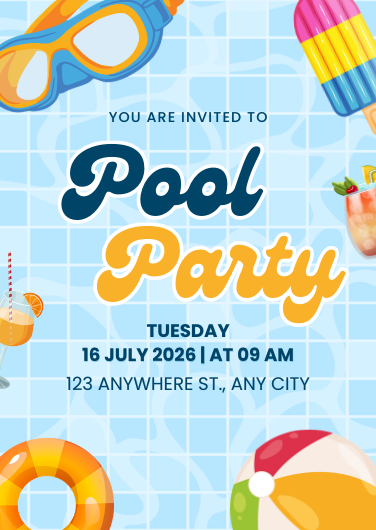 Blue and Yellow Playful Pool Party Invitation Template
