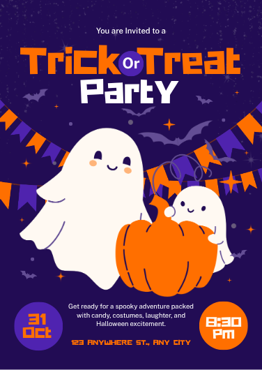 Purple and Orange Trick or Treat Party Invitation