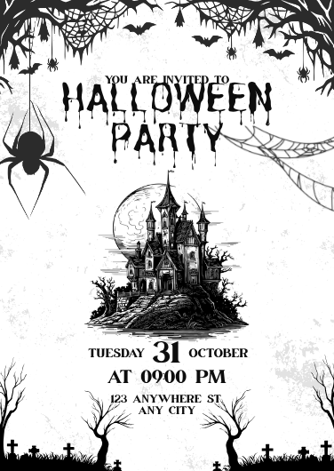 Black and White Illustrated Halloween Party Invitation