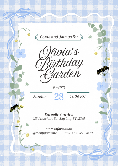 Blue Floral Garden Birthday Party Invitation
