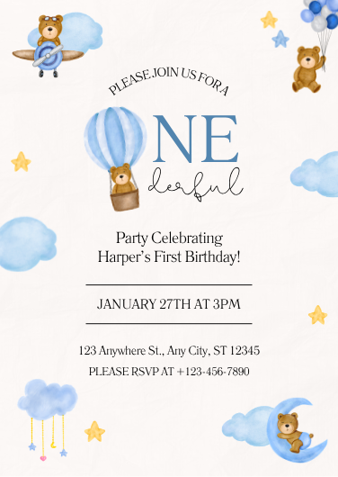 Watercolor Teddy Bear ONEderful Birthday Invitation