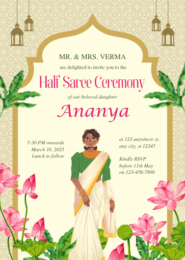Green and Gold Floral Half Saree Ceremony Invitation Design