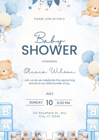 Blue and Beige Illustrated Baby Shower Invitation
