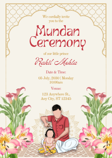 Pink and Gold Floral Illustrated Mundan Ceremony Invitation