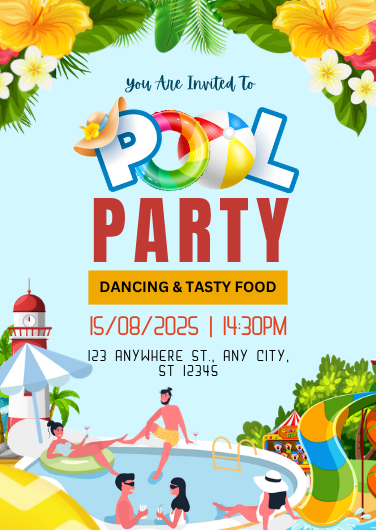 Red & Blue Playful Pool Party Invitation Template