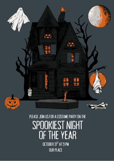 Black & Orange Spooky Haunted House Halloween Invitation