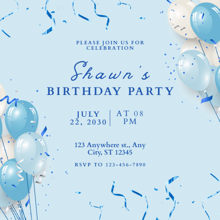Blue and White Balloon Birthday Invitation Template