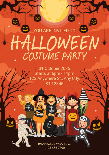 Orange & Black Illustrated Halloween Costume Party Invitation