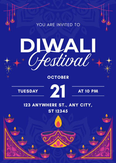 Blue, Gold and Red Diwali Festival Invitation Design