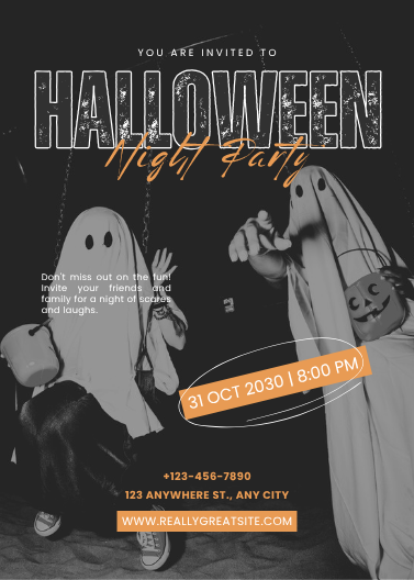 Black & Orange Retro Grunge Halloween Night Party Invitation