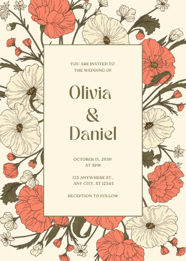 Pink and Beige Vintage Floral Wedding Invitation Template
