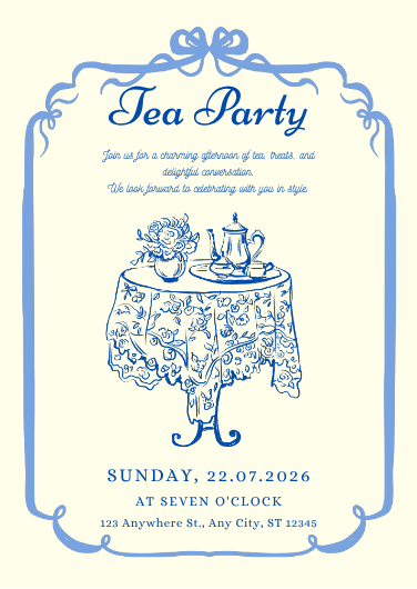 Elegant Blue and White Illustrated Tea Party Invitation