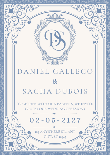 Blue and White Vintage Wedding Invitation Template