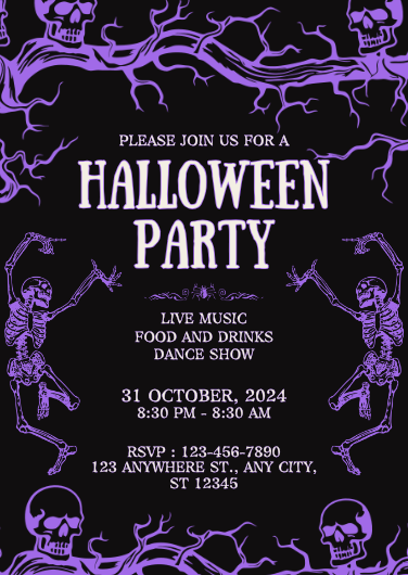 Purple and Black Bold Skeleton Halloween Party Invitation