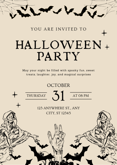 Vintage Beige and Black Halloween Party Invitation