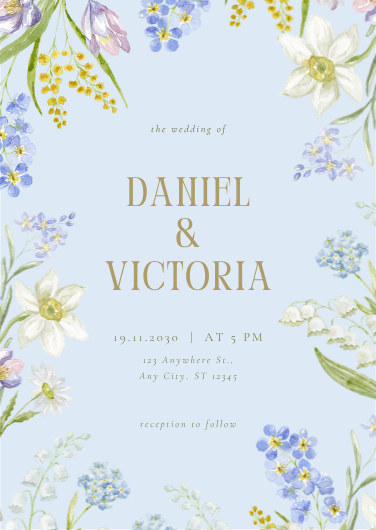 Blue Floral Watercolor Wedding Invitation Template