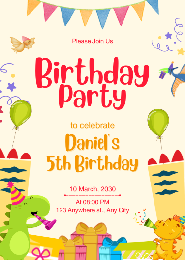 Red and Green Playful Dinosaur Birthday Invitation
