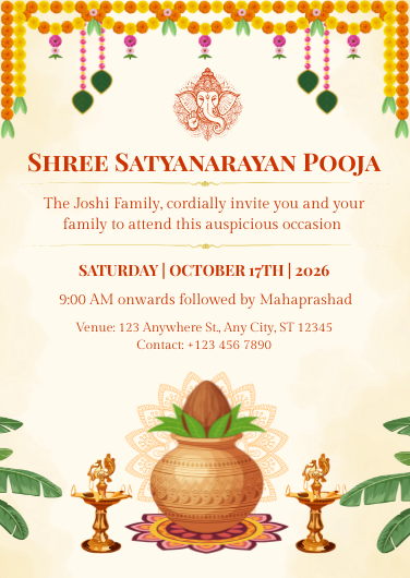 Orange and Green Satyanarayan Pooja Invitation Template