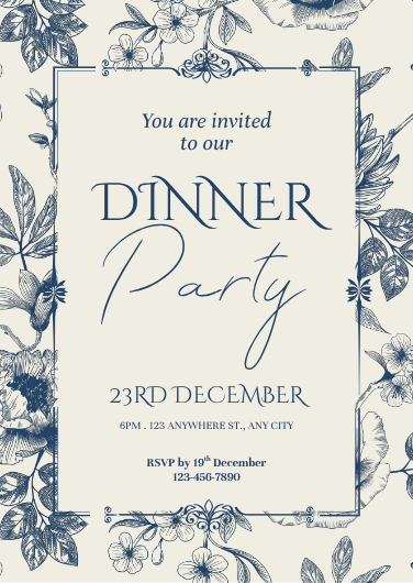 Elegant Blue Botanical Dinner Party Invitation Design