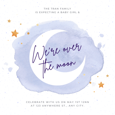 Purple Watercolor Over the Moon Baby Shower Invitation
