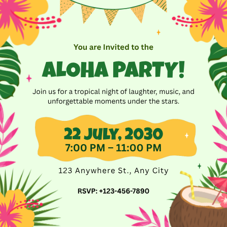 Tropical Summer Aloha Party Invitation Template