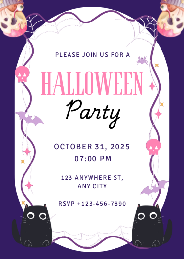 Cute Purple Illustrative Halloween Party Invitation