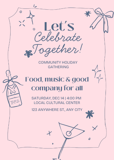 Pink and Blue Illustrated Community Holiday Gathering Invitation