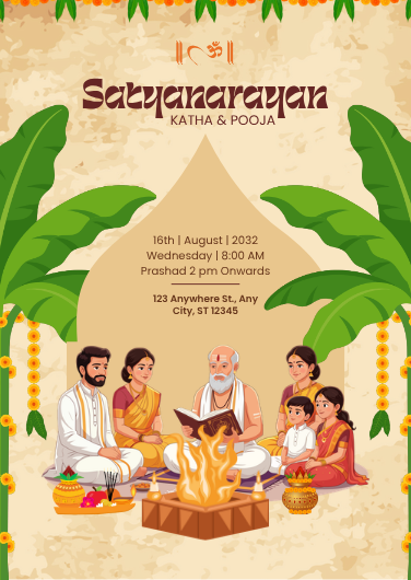 Traditional Green and Beige Satyanarayan Pooja Invitation