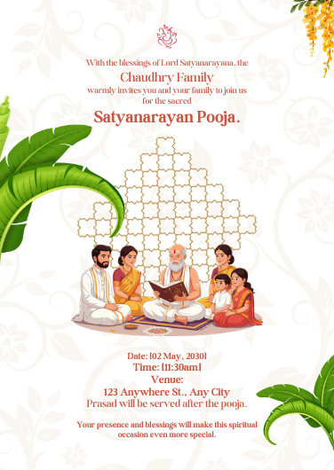 Traditional White & Green Satyanarayan Pooja Invitation