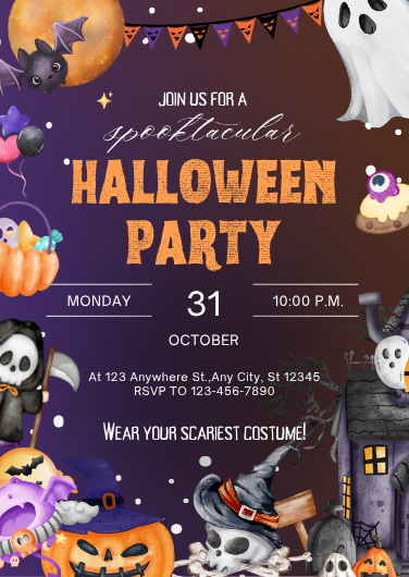 Orange and Purple Spooky Halloween Party Invitation