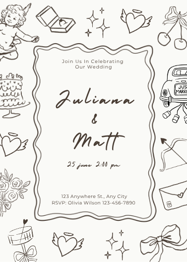 Black and Cream Sketched Illustrative Wedding Invitation