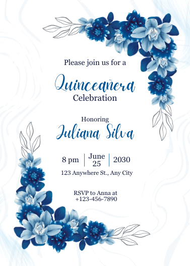 Blue and White Floral Quinceañera Celebration Invitation