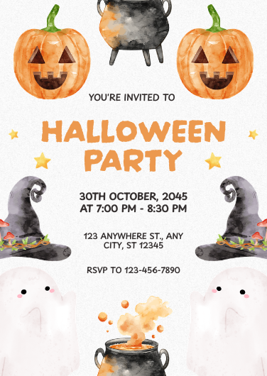Cute Watercolor Ghost and Pumpkin Halloween Invite