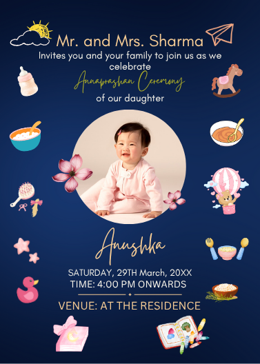 Dark Blue Illustrative Annaprashan Ceremony Invitation