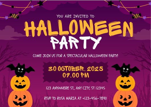 Purple and Yellow Illustrative Halloween Party Invitation