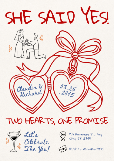 Hand-Drawn Red and Blue Engagement Party Invitation