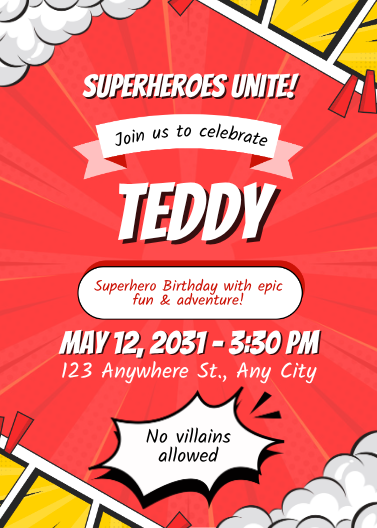 Bold Comic Superhero Birthday Invitation Template