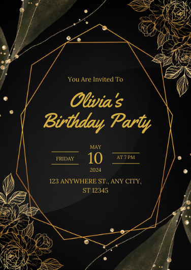 Elegant Black and Gold Birthday Party Invitation Template