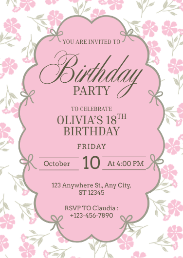 Pink Floral Elegant Birthday Invitation Template