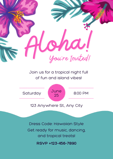 Pink and Teal Tropical Hawaiian Party Invitation Template