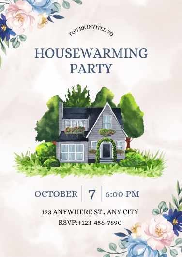 Blue & Green Floral Watercolor Housewarming Party Invitation