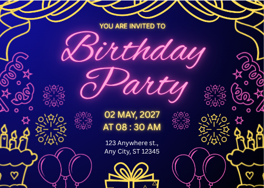 Pink and Yellow Neon Birthday Party Invitation Template