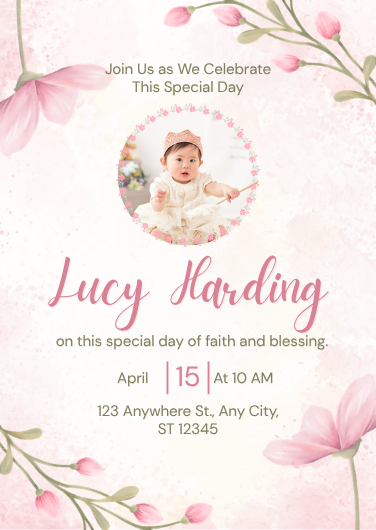 Pink Floral Faith and Blessing Baby Invitation Template