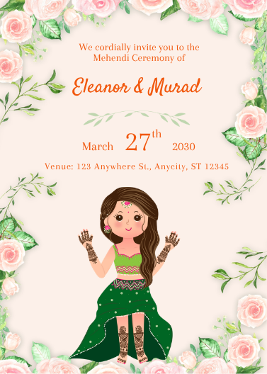 Pink Floral and Green Mehendi Ceremony Invitation