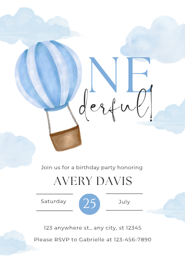 Onederful Hot Air Balloon First Birthday Invitation Template