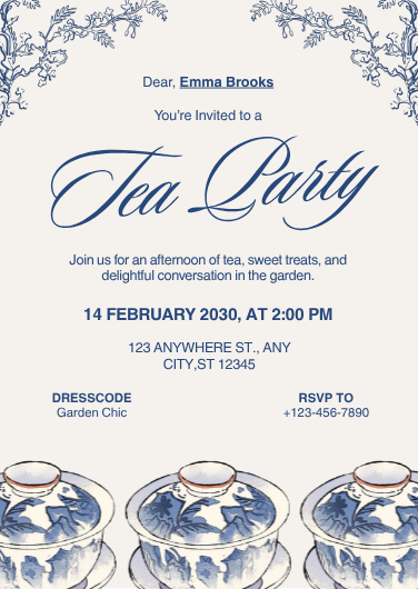 Traditional Blue and White Floral Tea Party Invitation